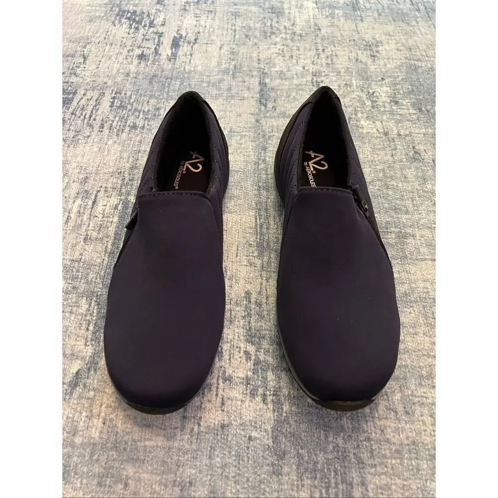 NIB A2 by Aerosoles Navy Blue Fabric Envelope Side Zip Slip On Shoes 7 Wide
